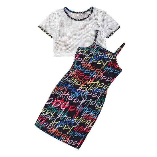 4-9Y Kids Girls Summer Mesh Cropped Tops Letter Print Sling Dresses Sets  Kids Clothes   