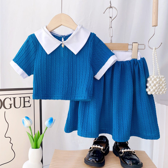 2-7Y Toddler Girls Lapel Short-Sleeved Top & Skirt Two-Piece Set  Girls Clothes   