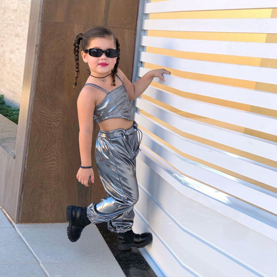 18M-7Y Toddler Girls Silver Glossy Sleeveless Camisole And Pants Two-Piece Set  Girls Clothes   