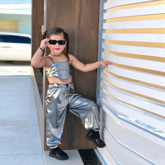 18M-7Y Toddler Girls Silver Glossy Sleeveless Camisole And Pants Two-Piece Set  Girls Clothes   