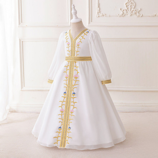 3-7Y Toddler Girls Muslim Robe V-Neck Lantern Sleeve Maxi Dresses  Girls Clothes   