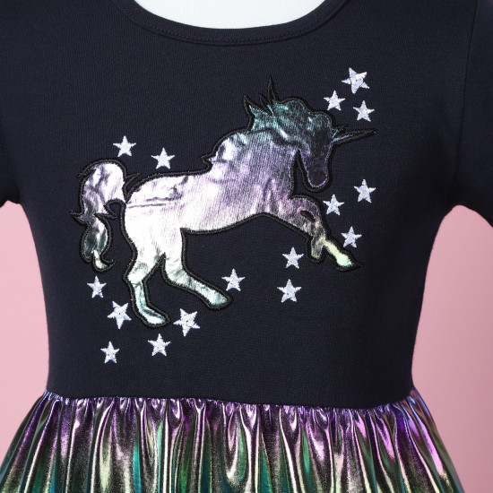 3-8Y Kids Girls Patchwork Fish Scale Unicorn Print A-Line Dresses  Clothing Kidswear   