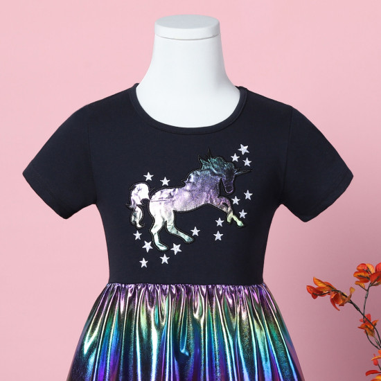 3-8Y Kids Girls Patchwork Fish Scale Unicorn Print A-Line Dresses  Clothing Kidswear   