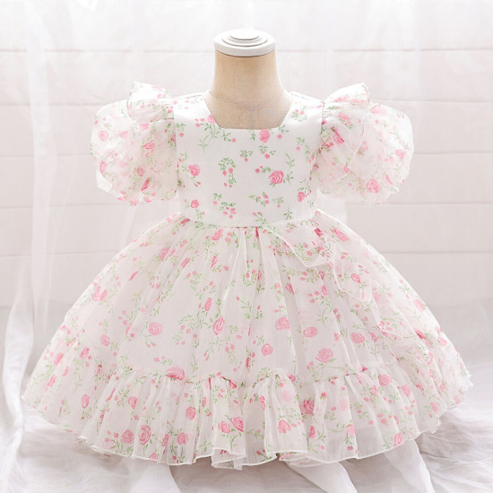 12M-3Y Toddler Girls Floral Puff Sleeves Princess Dresses  Girls Clothes   