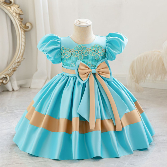 12M-7Y Toddler Girls Bow Colorblock Puff-Sleeve Satin Princess Dresses  Girls Clothes   