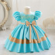 12M-7Y Toddler Girls Bow Colorblock Puff-Sleeve Satin Princess Dresses  Girls Clothes   