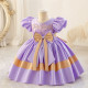 12M-7Y Toddler Girls Bow Colorblock Puff-Sleeve Satin Princess Dresses  Girls Clothes   
