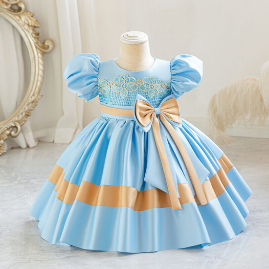 12M-7Y Toddler Girls Bow Colorblock Puff-Sleeve Satin Princess Dresses  Girls Clothes   