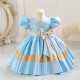 12M-7Y Toddler Girls Bow Colorblock Puff-Sleeve Satin Princess Dresses  Girls Clothes   