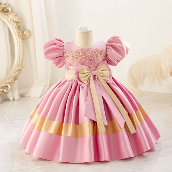 12M-7Y Toddler Girls Bow Colorblock Puff-Sleeve Satin Princess Dresses  Girls Clothes   