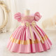 12M-7Y Toddler Girls Bow Colorblock Puff-Sleeve Satin Princess Dresses  Girls Clothes   