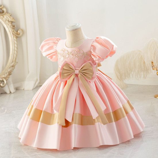 12M-7Y Toddler Girls Bow Colorblock Puff-Sleeve Satin Princess Dresses  Girls Clothes   