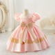 12M-7Y Toddler Girls Bow Colorblock Puff-Sleeve Satin Princess Dresses  Girls Clothes   
