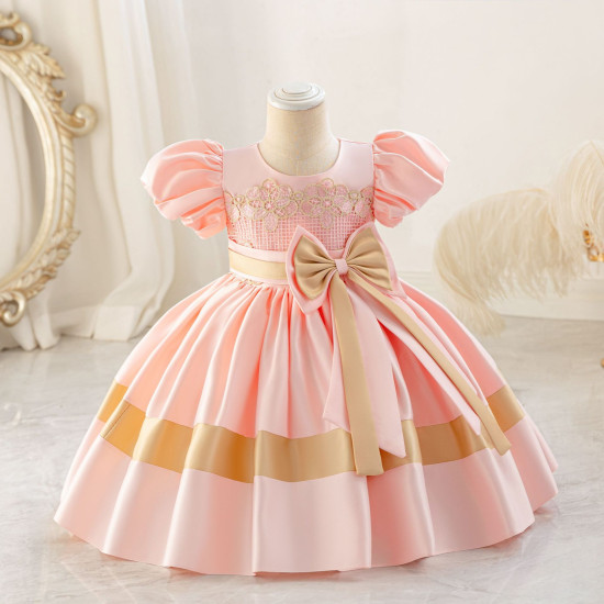 12M-7Y Toddler Girls Bow Colorblock Puff-Sleeve Satin Princess Dresses  Girls Clothes   