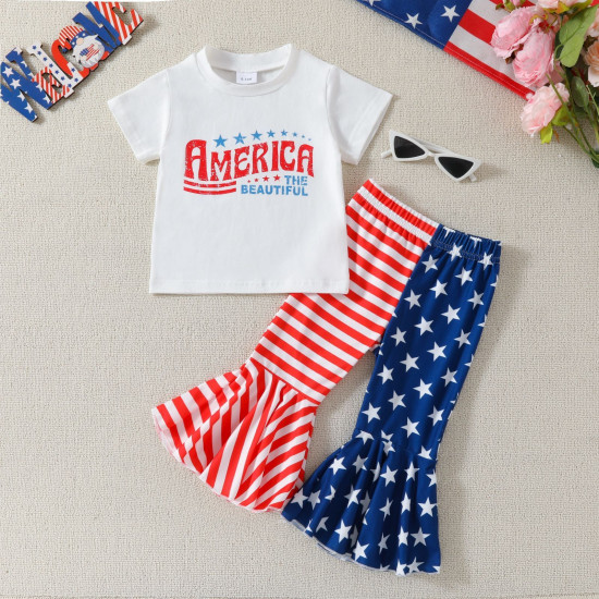 9M-4Y Toddler Girls Sets Independence Day Striped Star T-Shirts Flared Pants  Girls Clothes   