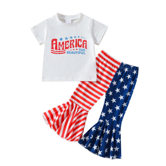 9M-4Y Toddler Girls Sets Independence Day Striped Star T-Shirts Flared Pants  Girls Clothes   