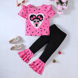 18M-6Y Toddler Girls Valentine's Day Heart Afro T-shirt Color Block Flare Pants Set  Girls Clothes   