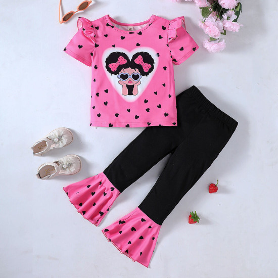 18M-6Y Toddler Girls Valentine's Day Heart Afro T-shirt Color Block Flare Pants Set  Girls Clothes   