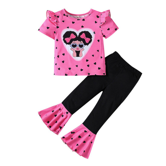 18M-6Y Toddler Girls Valentine's Day Heart Afro T-shirt Color Block Flare Pants Set  Girls Clothes   