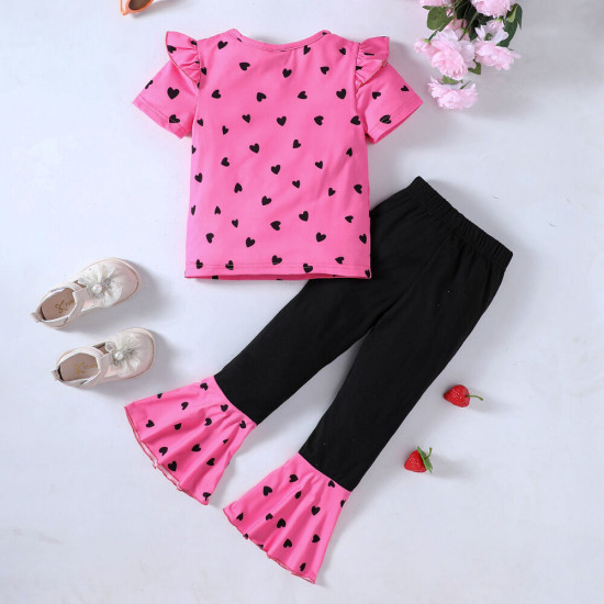 18M-6Y Toddler Girls Valentine's Day Heart Afro T-shirt Color Block Flare Pants Set  Girls Clothes   