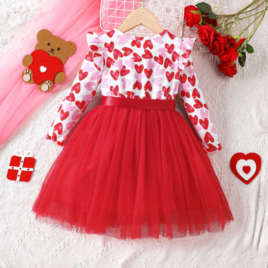 18M-6Y Toddler Girls Valentine's Day Love Patchwork Mesh Long-Sleeved Dresses  Girls Clothes   