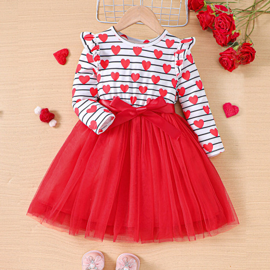 18M-6Y Toddler Girls Valentine's Day Love Patchwork Mesh Long-Sleeved Dresses  Girls Clothes   