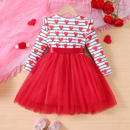 18M-6Y Toddler Girls Valentine's Day Love Patchwork Mesh Long-Sleeved Dresses  Girls Clothes   