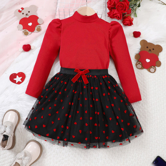 4-9Y Kids Girls Sets Knitted Tops And Mesh Skirts Valentine's Day  Clothing Kidswear   