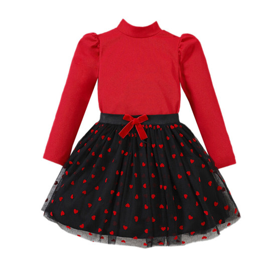 4-9Y Kids Girls Sets Knitted Tops And Mesh Skirts Valentine's Day  Clothing Kidswear   