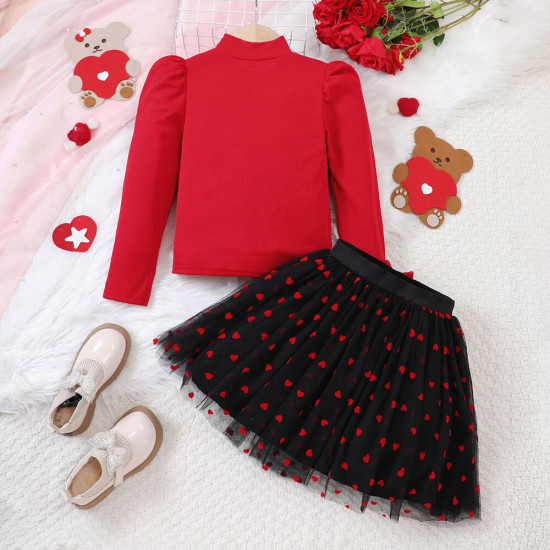 4-9Y Kids Girls Sets Knitted Tops And Mesh Skirts Valentine's Day  Clothing Kidswear   