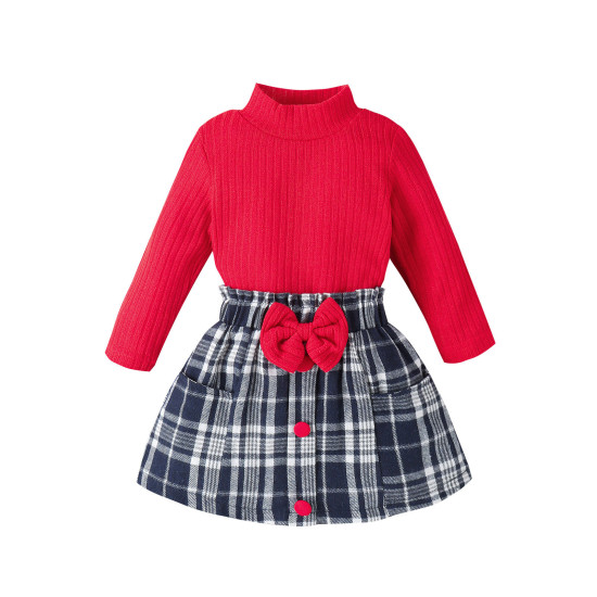 9M-4Y Toddler Girls Sets Turtleneck Tops And Bow Plaid Skirts  Girls Clothes   