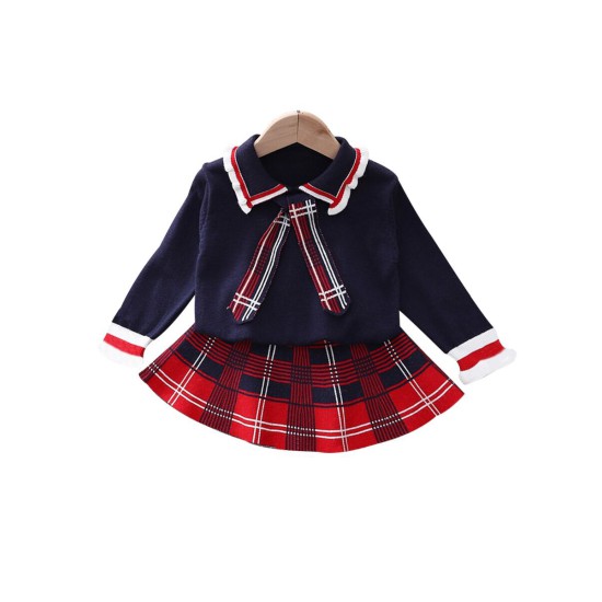 Two Pieces School Wear Checked Print Knit Kid Girls Outfits Sets Tie Sweater And Skirt 210722664  