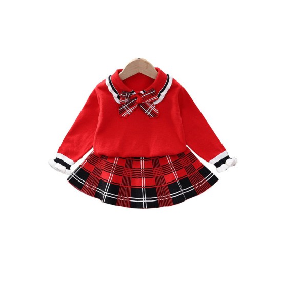 Two Pieces School Wear Checked Print Knit Kid Girls Outfits Sets Tie Sweater And Skirt 210722664  