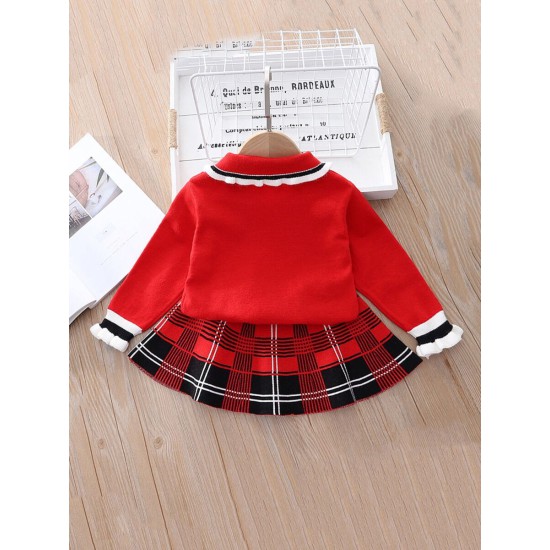 Two Pieces School Wear Checked Print Knit Kid Girls Outfits Sets Tie Sweater And Skirt 210722664  