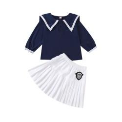 2 Pieces Kid Girl School Uniform Set Contrast Collar Top With Pleated Skirt  