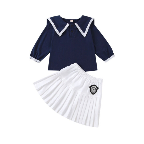 2 Pieces Kid Girl School Uniform Set Contrast Collar Top With Pleated Skirt  