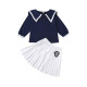 2 Pieces Kid Girl School Uniform Set Contrast Collar Top With Pleated Skirt  