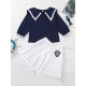 2 Pieces Kid Girl School Uniform Set Contrast Collar Top With Pleated Skirt  
