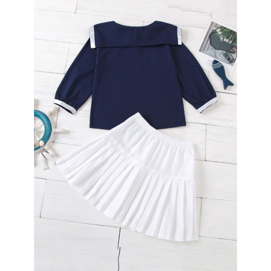 2 Pieces Kid Girl School Uniform Set Contrast Collar Top With Pleated Skirt  