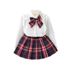 2 Pieces Kid Girl Bowknot Blouse With Pleated Plaid Skirt Set  