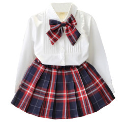 2 Pieces Kid Girl Bowknot Blouse With Pleated Plaid Skirt Set  