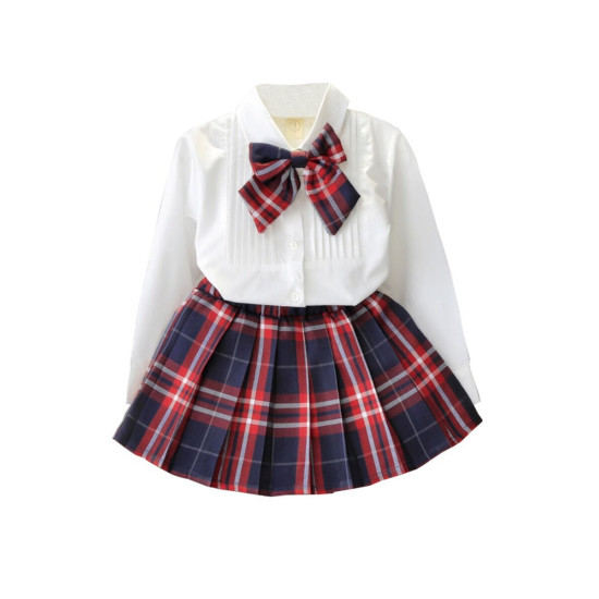 2 Pieces Kid Girl Bowknot Blouse With Pleated Plaid Skirt Set  