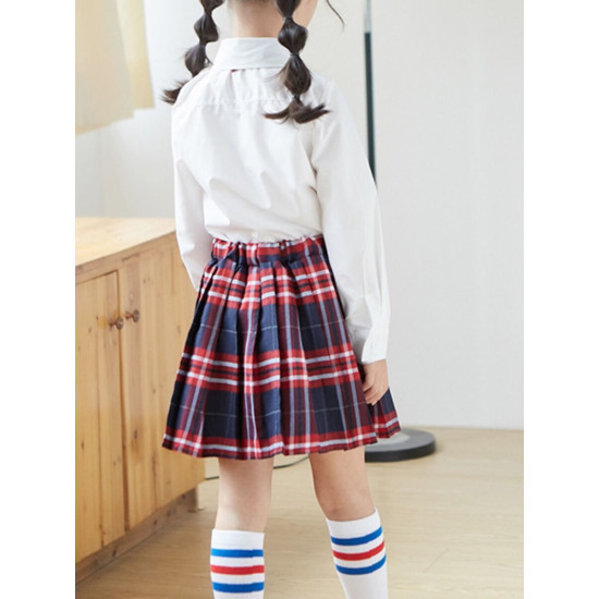 2 Pieces Kid Girl Bowknot Blouse With Pleated Plaid Skirt Set  