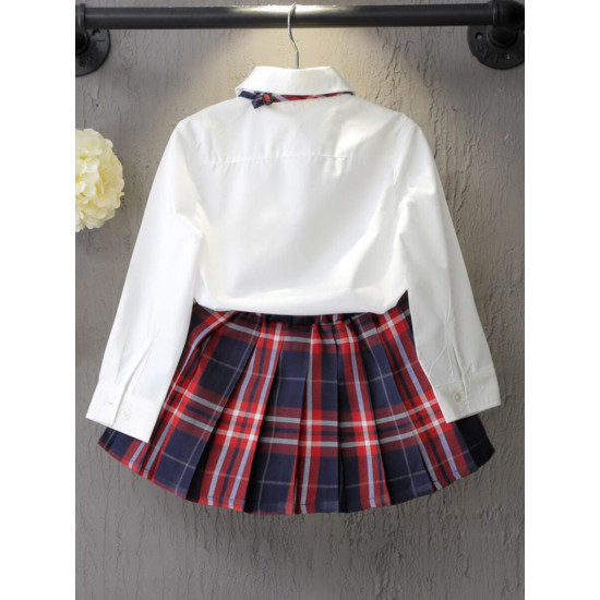 2 Pieces Kid Girl Bowknot Blouse With Pleated Plaid Skirt Set  