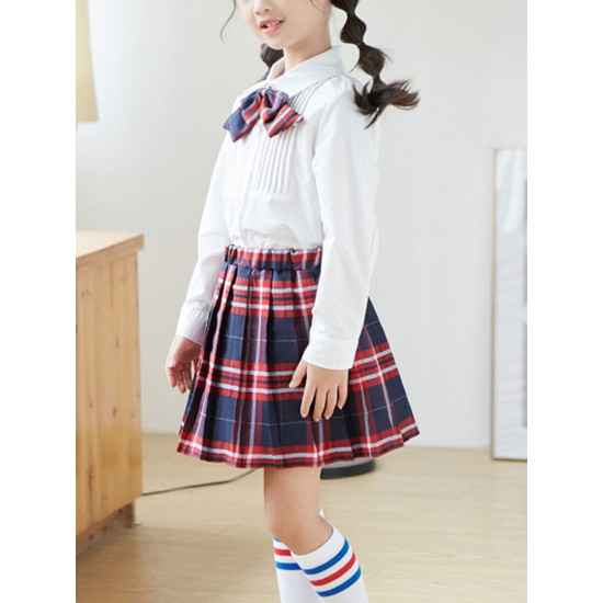 2 Pieces Kid Girl Bowknot Blouse With Pleated Plaid Skirt Set  