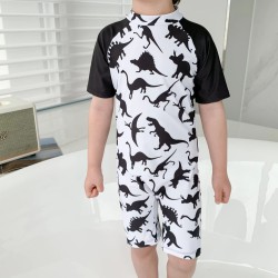18M-7Y Toddler Boy Cartoon Dinosaur Print Color Blocking Short-Sleeved One-Piece Swimsuit  Boys Clothing   