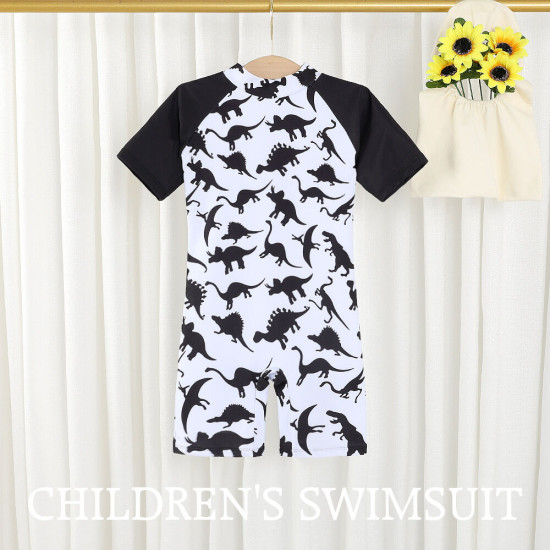 18M-7Y Toddler Boy Cartoon Dinosaur Print Color Blocking Short-Sleeved One-Piece Swimsuit  Boys Clothing   