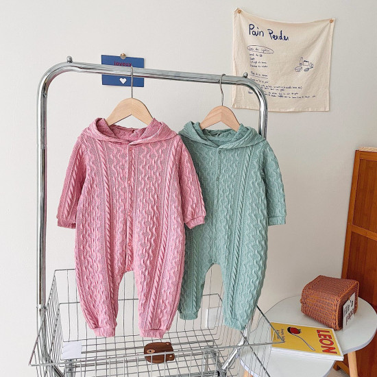 3M-3Y Bunny Ear Texture Vintage Solid Color Onesies Romper Jumpsuit Baby  Clothing   