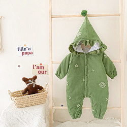 3M-3Y Coral Fleece Cotton Embroidery And Solid Print With Cut Hat Romper Jumpsuit Baby  Clothing   