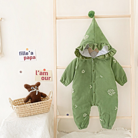 3M-3Y Coral Fleece Cotton Embroidery And Solid Print With Cut Hat Romper Jumpsuit Baby  Clothing   